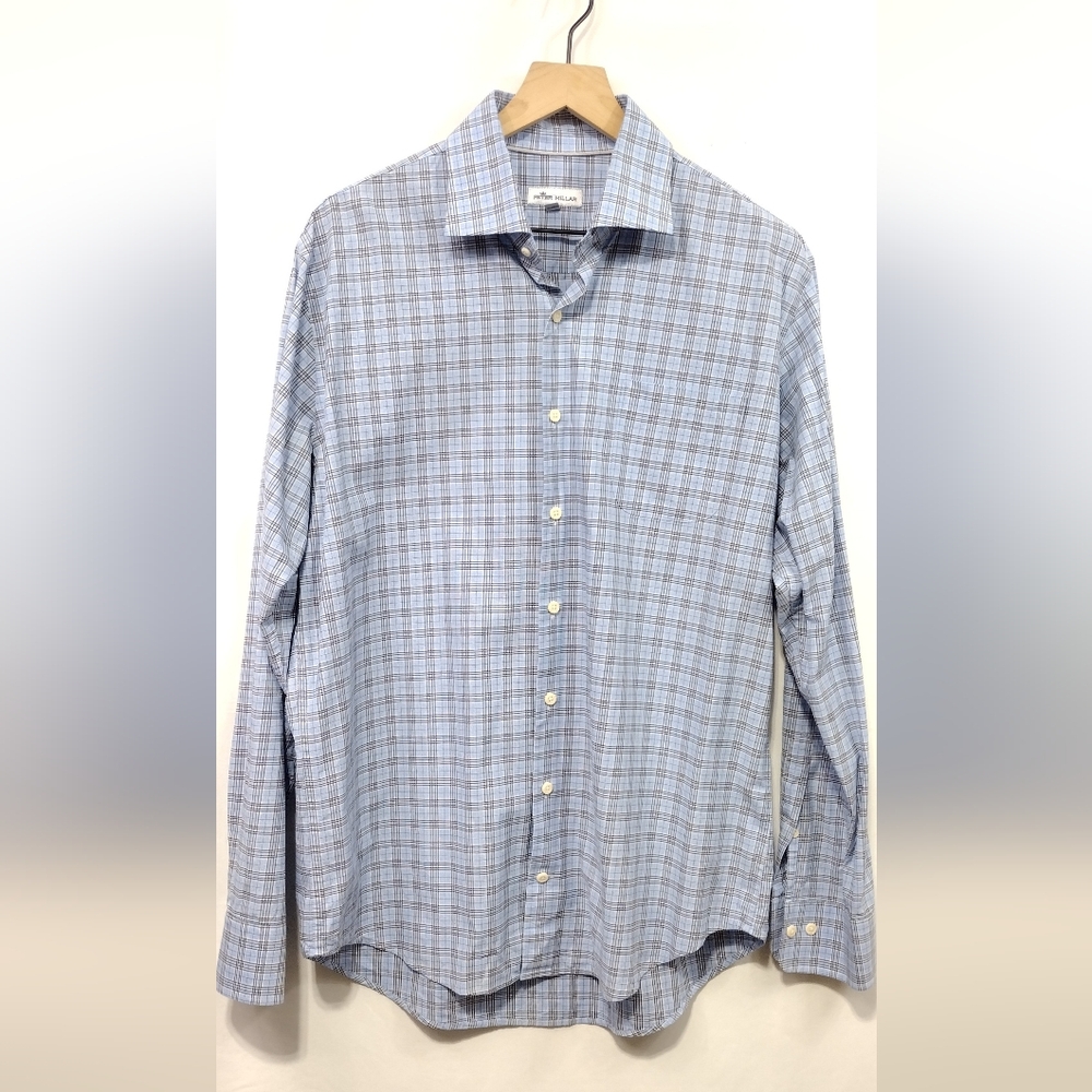 Peter Millar Plaid  Crown Shirt Men's L White Blue Casual Comfy Retro 90s Office